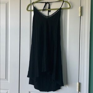 Black halter top dress, embroidered neckline